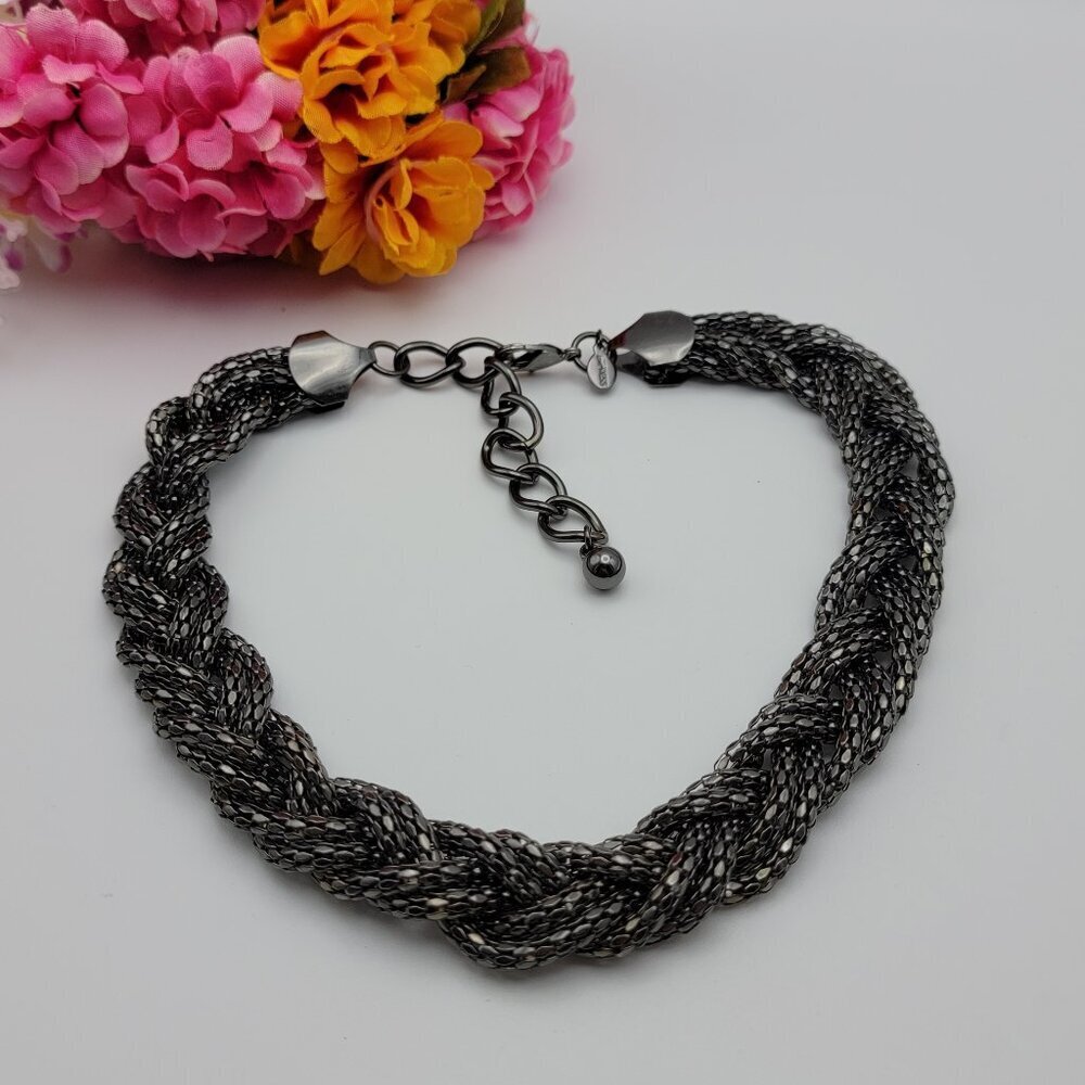 Express Gunmetal Tone Mesh Chain Braided Choker Necklace 19 In Adj. Shiny